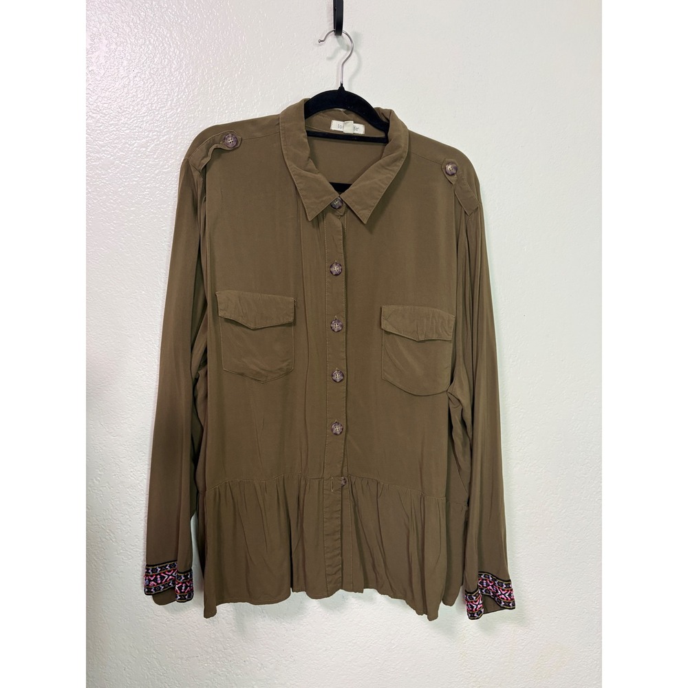 Loralette Womens 3X Olive Green Peplum Button Down Shirt Embroidered Cuffs Boho